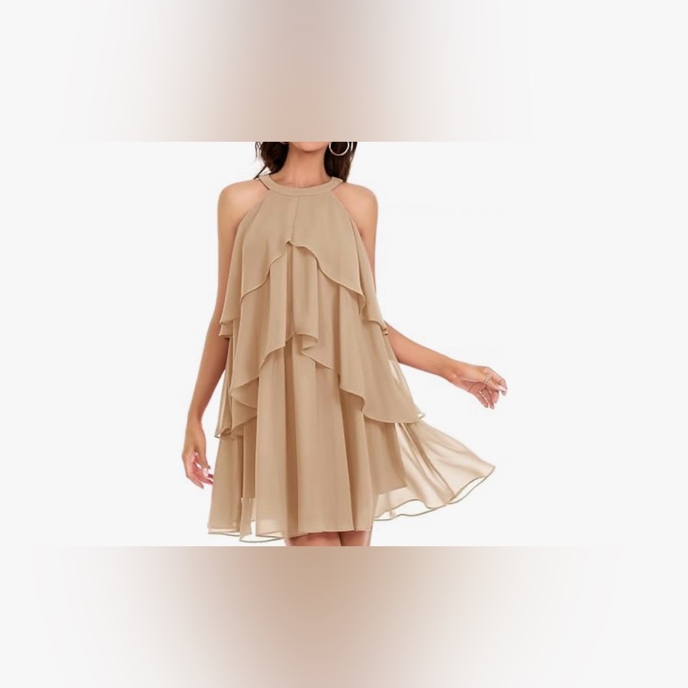 NEW DRESSTELLS Cocktail Ruffle Tiered Formal Wedding Guest Halter Mini Dress M